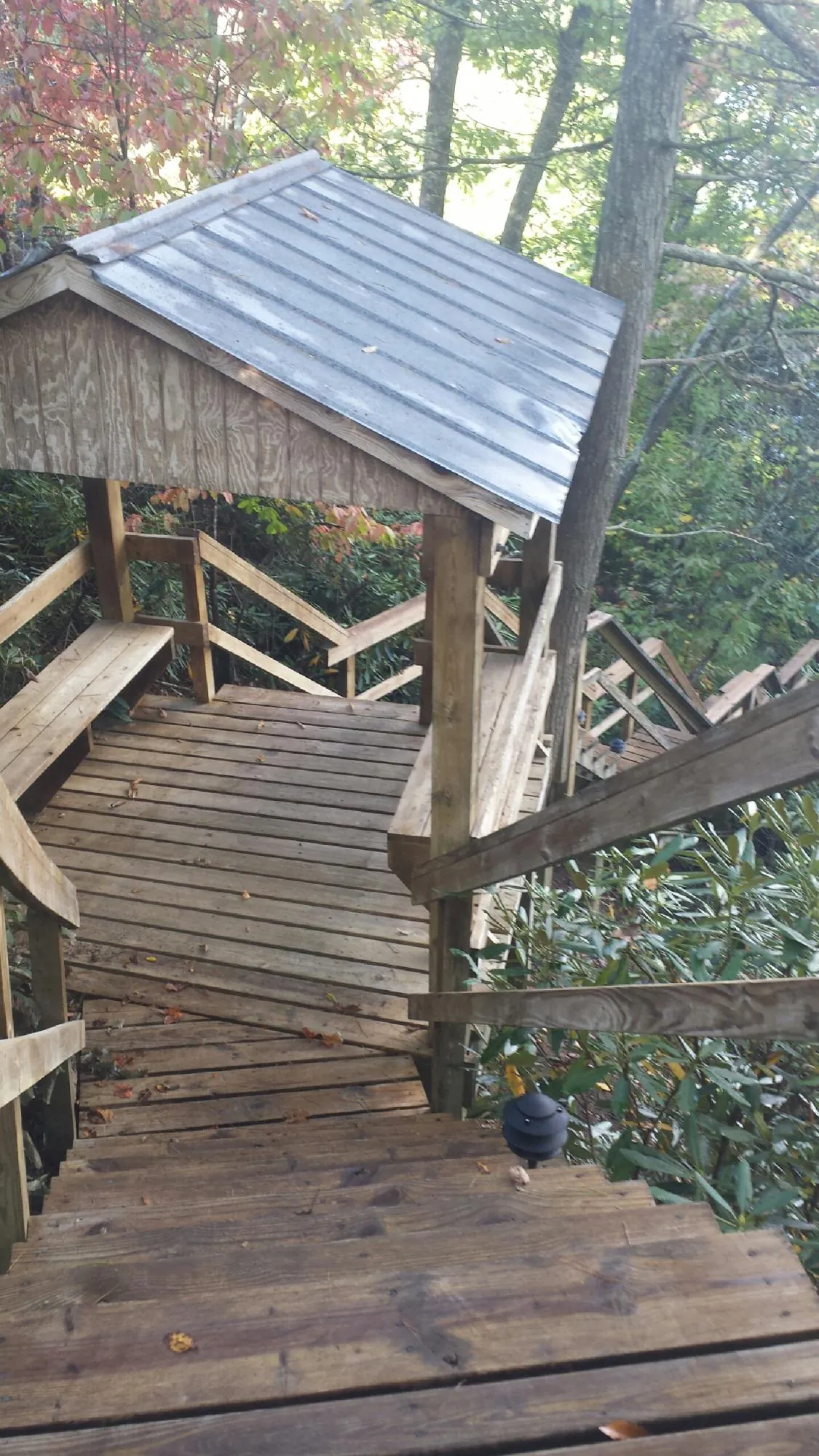 Metal roofed shelter over wooden steps on a wooded walkway — Skylight Repair & Installation work by our crew in Herrin